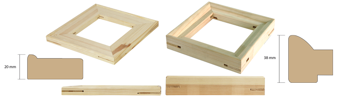 deux épaisseurs de baguettes à châssis 2 et 4 cm
